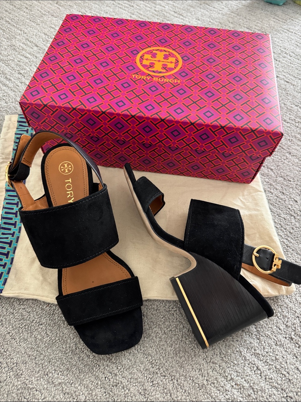 Tory Burch Selby 75mm Block Heel Silk Suede Sandals Sz 7